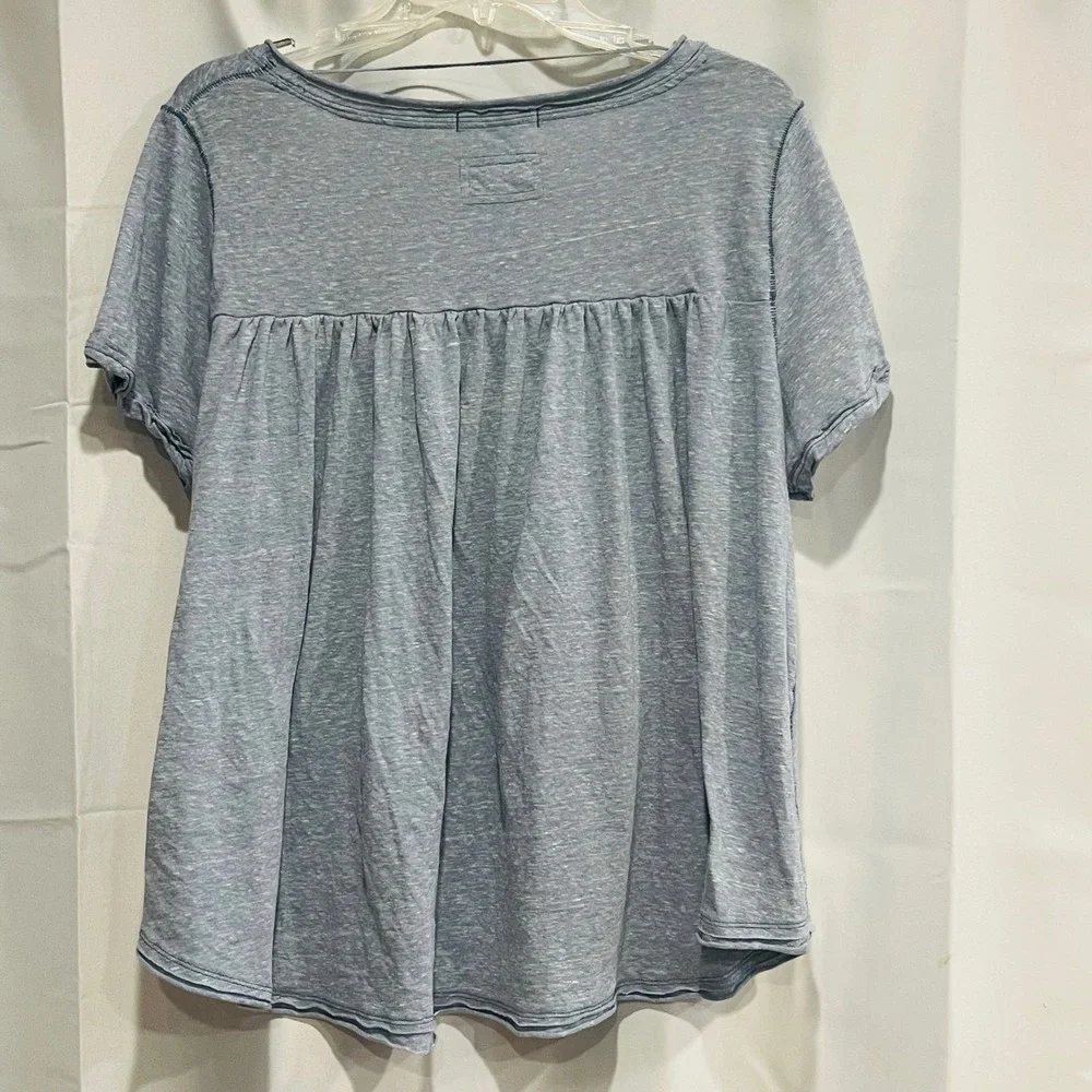 We The Free Free People Blue Space Dye V-Neck Babydoll T-Shirt Medium Boho Slub
